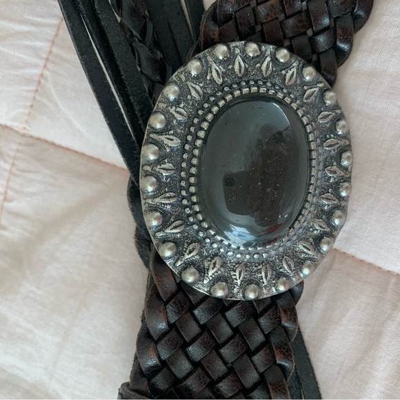 Brown leather belt woven with gorgeous silver stone accented areas stone buckle - Picture 3 of 15